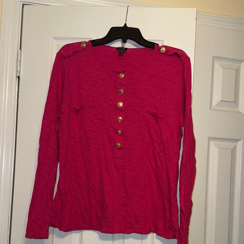 INC International Concepts Fuchsia Button-Accent Long Sleeve Top